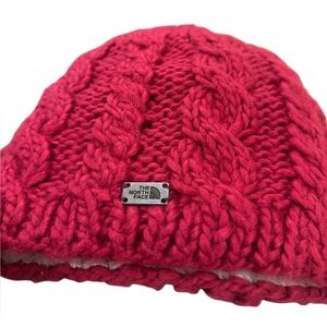 The North Face Hot Pink Fleece Lined Cable Knit Beanie Hat